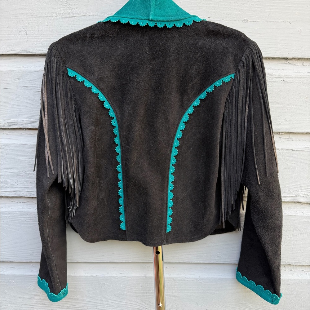 Turquoise and Black Women's Jacket with Fringe - Picture 2 of 2